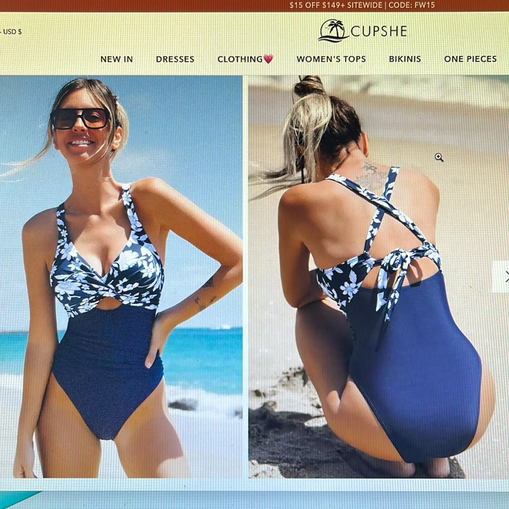 Cupshe Eden Floral Plunge Ruched Wrap Front Cutout one piece swimsuit Navy Med